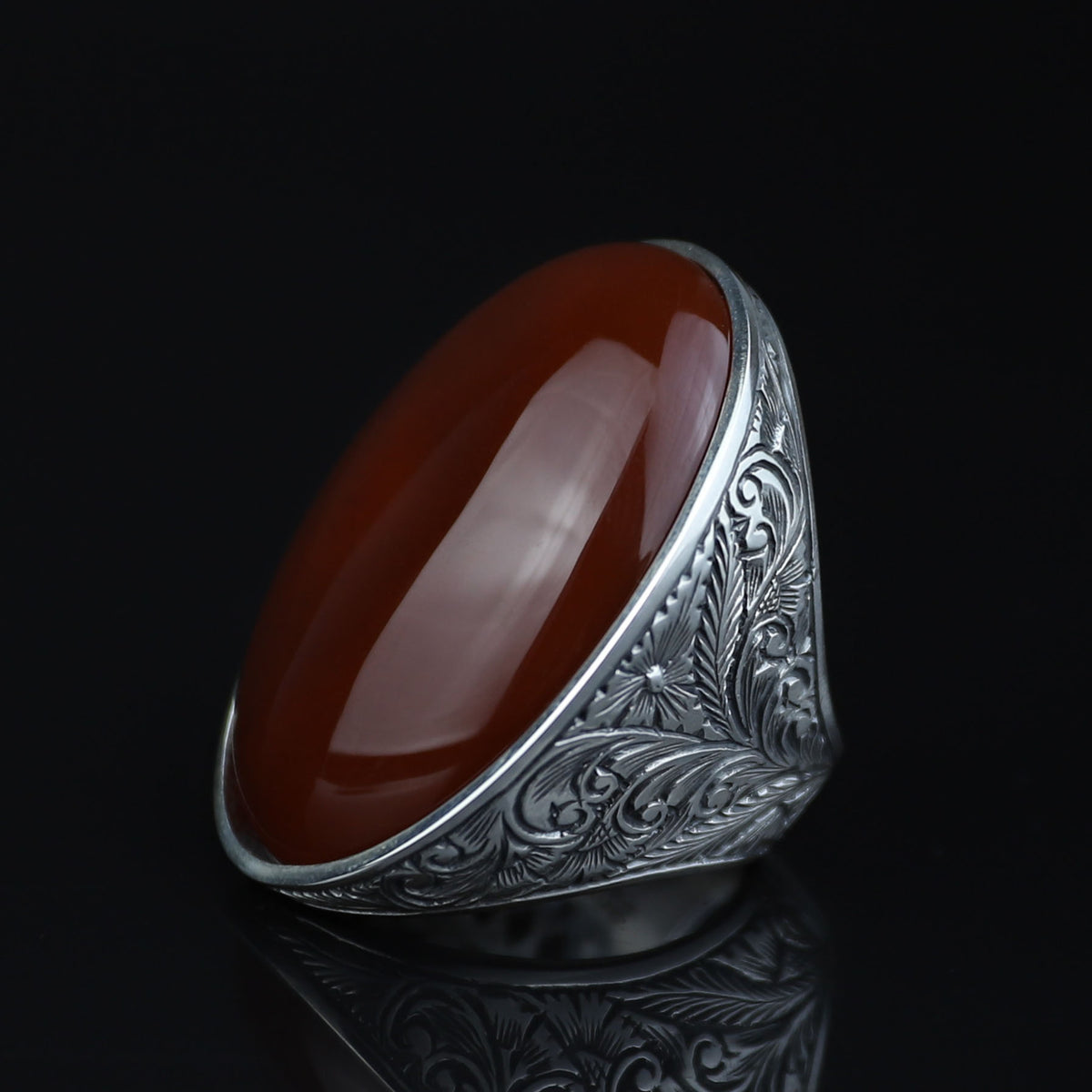 Men Handmade Red Agate Stone Ring, Large Engraved Carnelian Ring, Large Natural Agate Ring, 925k Sterling Silver Ring, Ottoman Style Ring