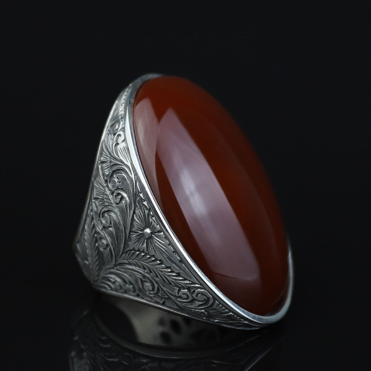 Men Handmade Red Agate Stone Ring, Large Engraved Carnelian Ring, Large Natural Agate Ring, 925k Sterling Silver Ring, Ottoman Style Ring