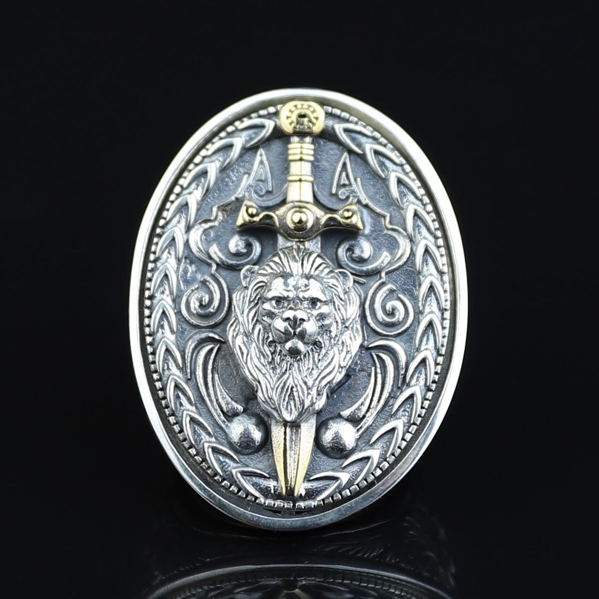 925 Silver Large Leon Head Ring, Lion Sword Figured Ring, Hand Engraved Leon Signet Ring, 925 Sterling Silver, Solid Silver Ring
