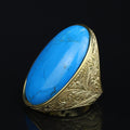 Large Engraved Turquoise Stone Signet Ring, 18K Gold Engraved Turquoise Ring, Man Large Signet Ring, Gold Handmade Ring, 925 Silver
