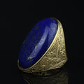 Men Gold Large Lapis Lazuli Ring, 18K Gold Engraved Handmade Lapis Ring , Blue Lapis Lazuli Ottoman Style Ring