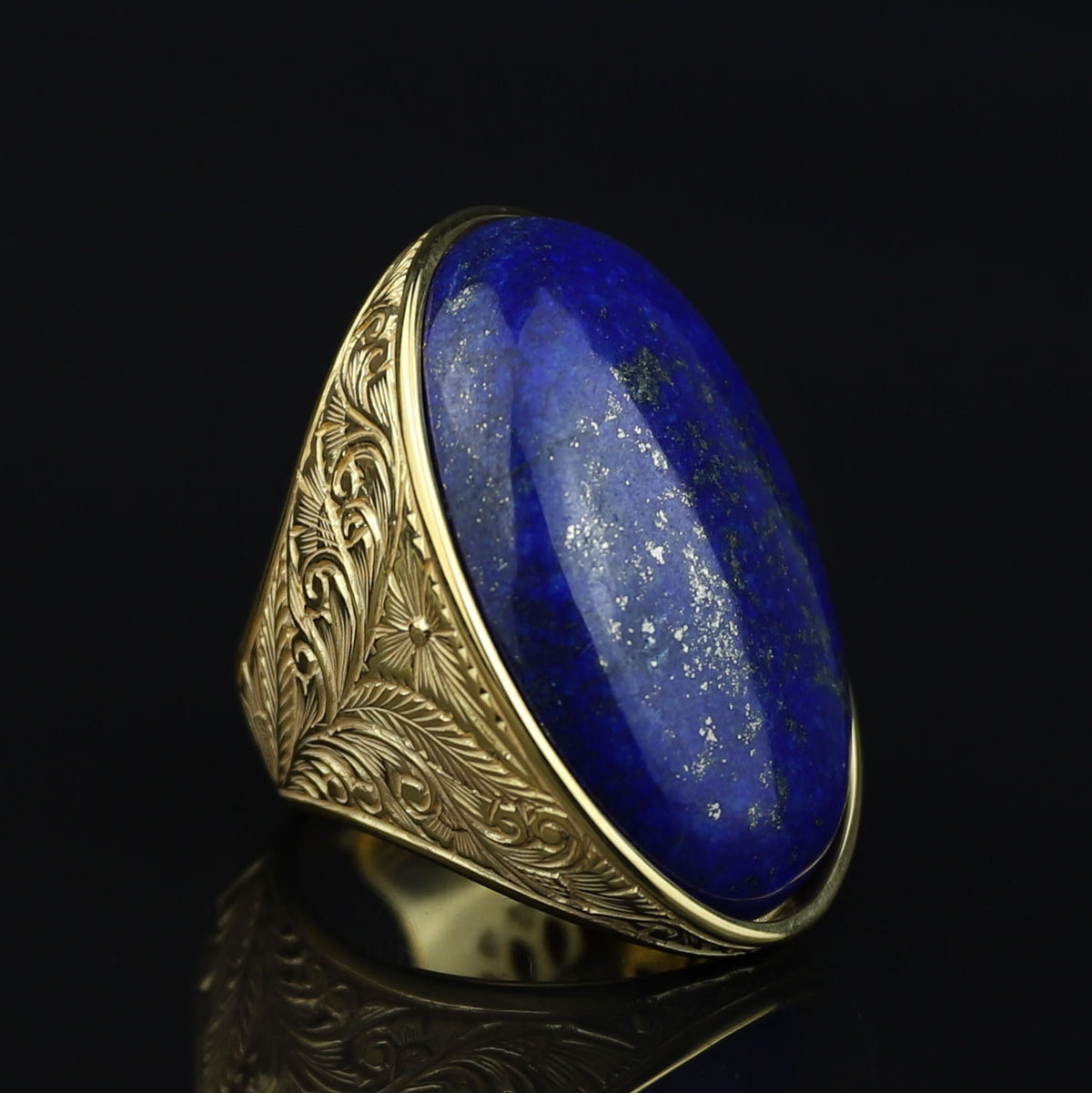 Men Gold Large Lapis Lazuli Ring, 18K Gold Engraved Handmade Lapis Ring , Blue Lapis Lazuli Ottoman Style Ring