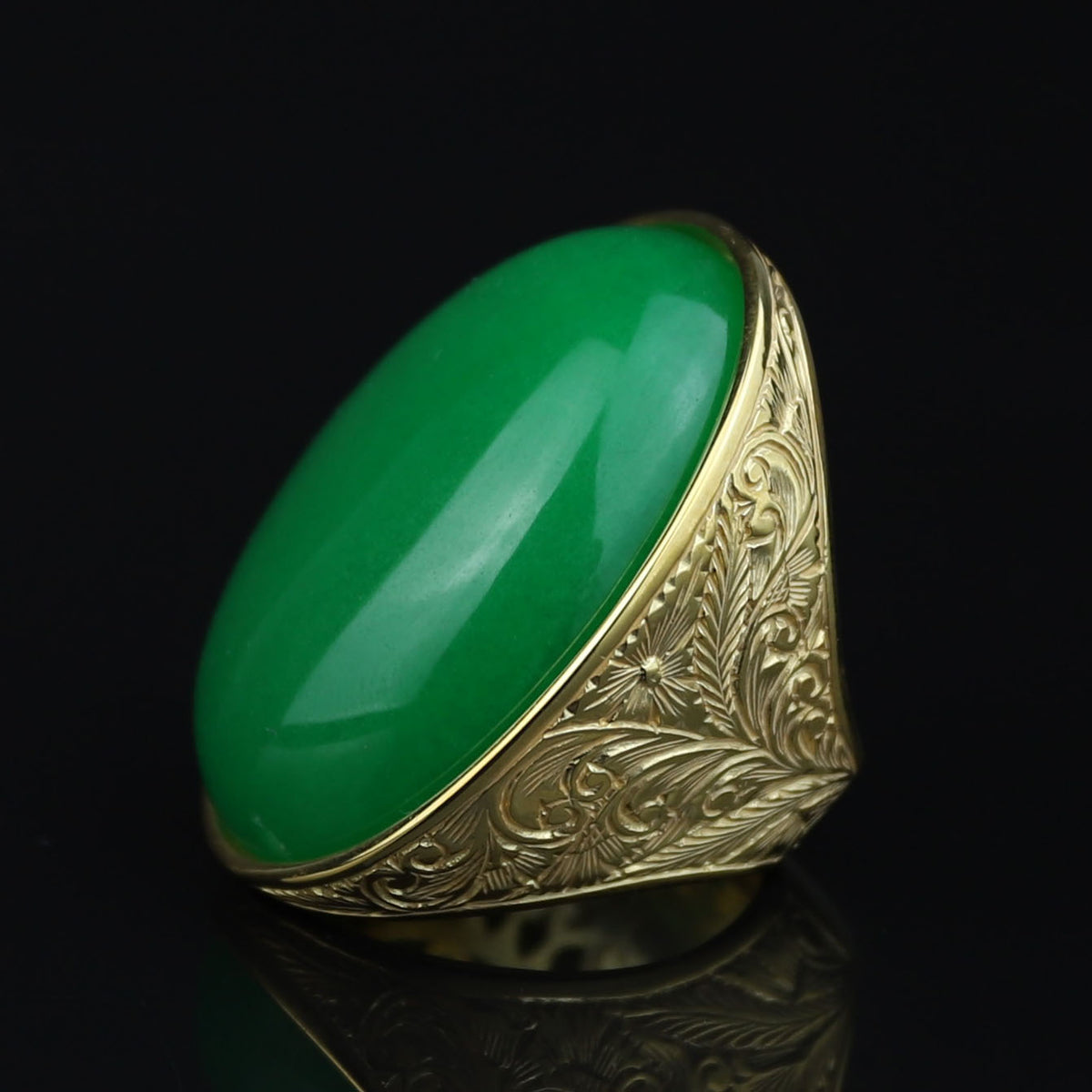 Men Engraved Silver Gold Jade Stone Ring, 18K Gold Green Jade Ring, Men Large Engraved Jade Ring, Statement Handmade Ring