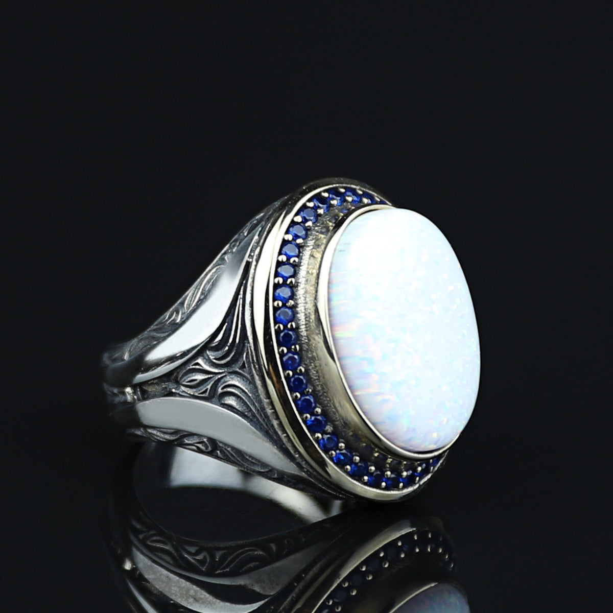 925 Sterling Silver Turkish Handmade Engraved Fire Opal Ring