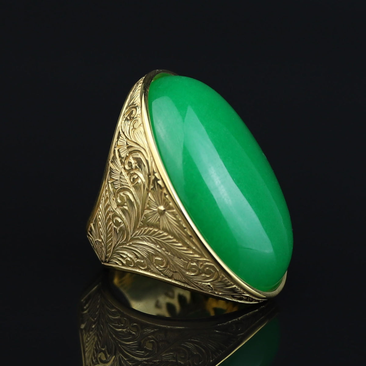 Men Engraved Silver Gold Jade Stone Ring, 18K Gold Green Jade Ring, Men Large Engraved Jade Ring, Statement Handmade Ring