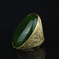 Men Silver Jade Gemstone Ring, Large Gold Engraved Signet Ring, Green Jade Gemstone Large Ring, Natural Jade Ring, Gift For Men