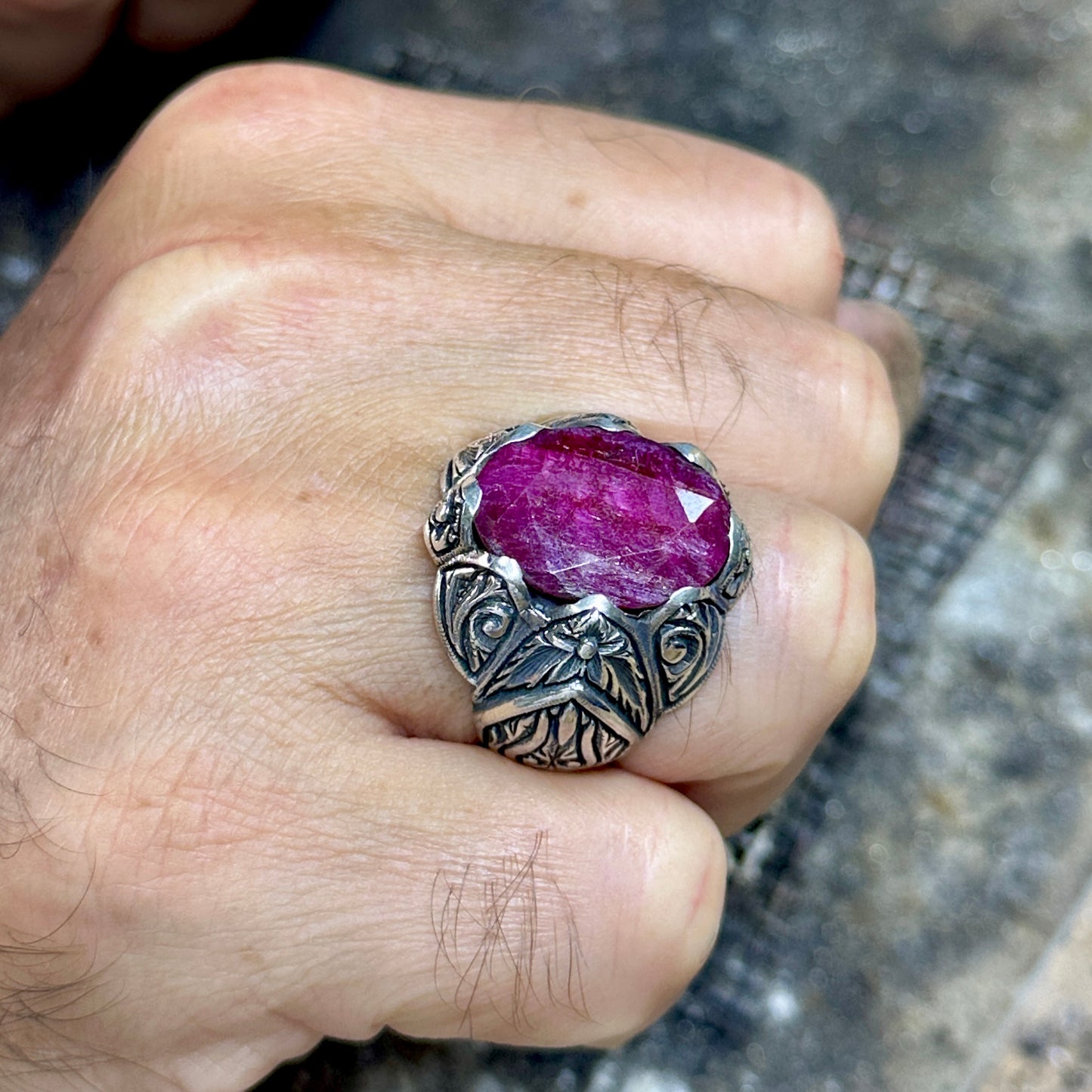 Men Silver Handmade Natural Red Ruby Gemstone Ring