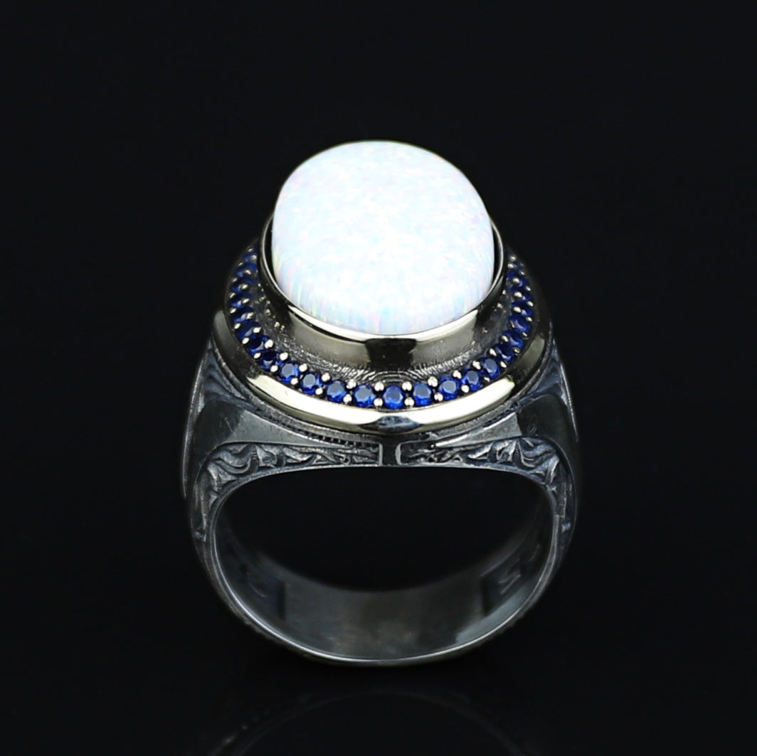 925 Sterling Silver Turkish Handmade Engraved Fire Opal Ring