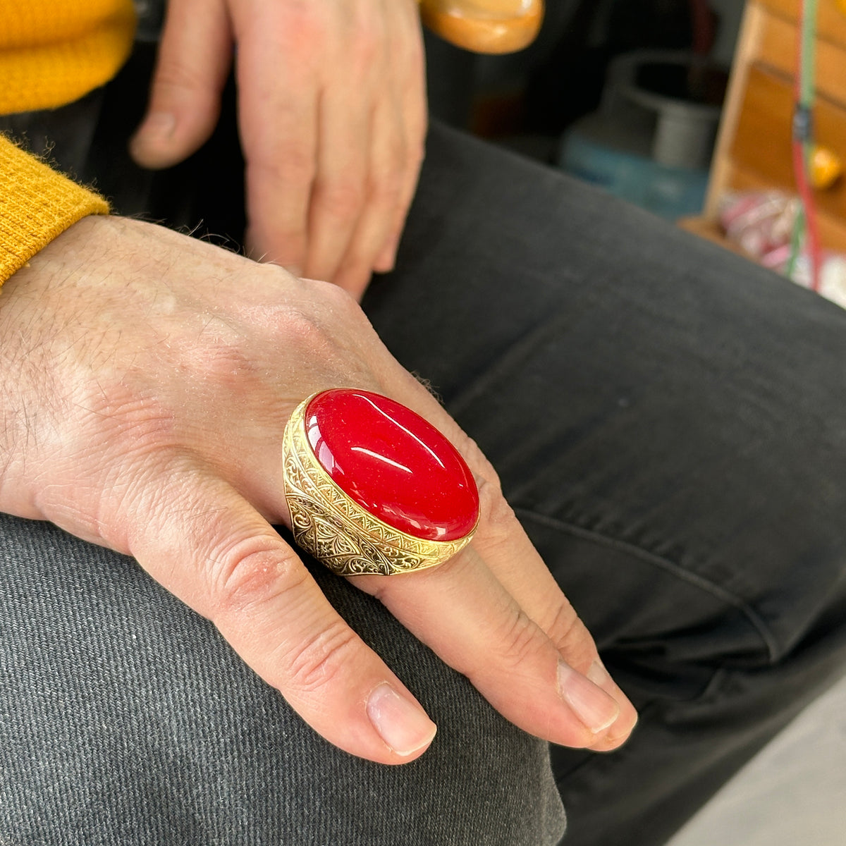 Men Silver Large Gold Plated Jade Stone Ring
