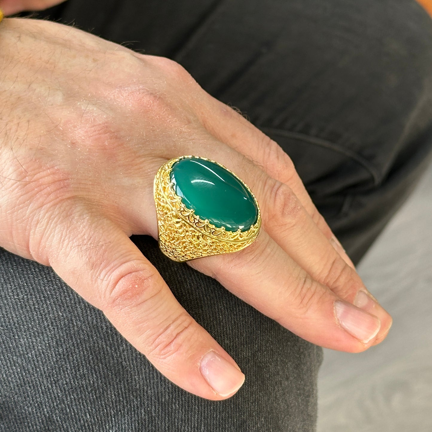 Men Silver Handmade Large Gold Plated Agate Stone Ring