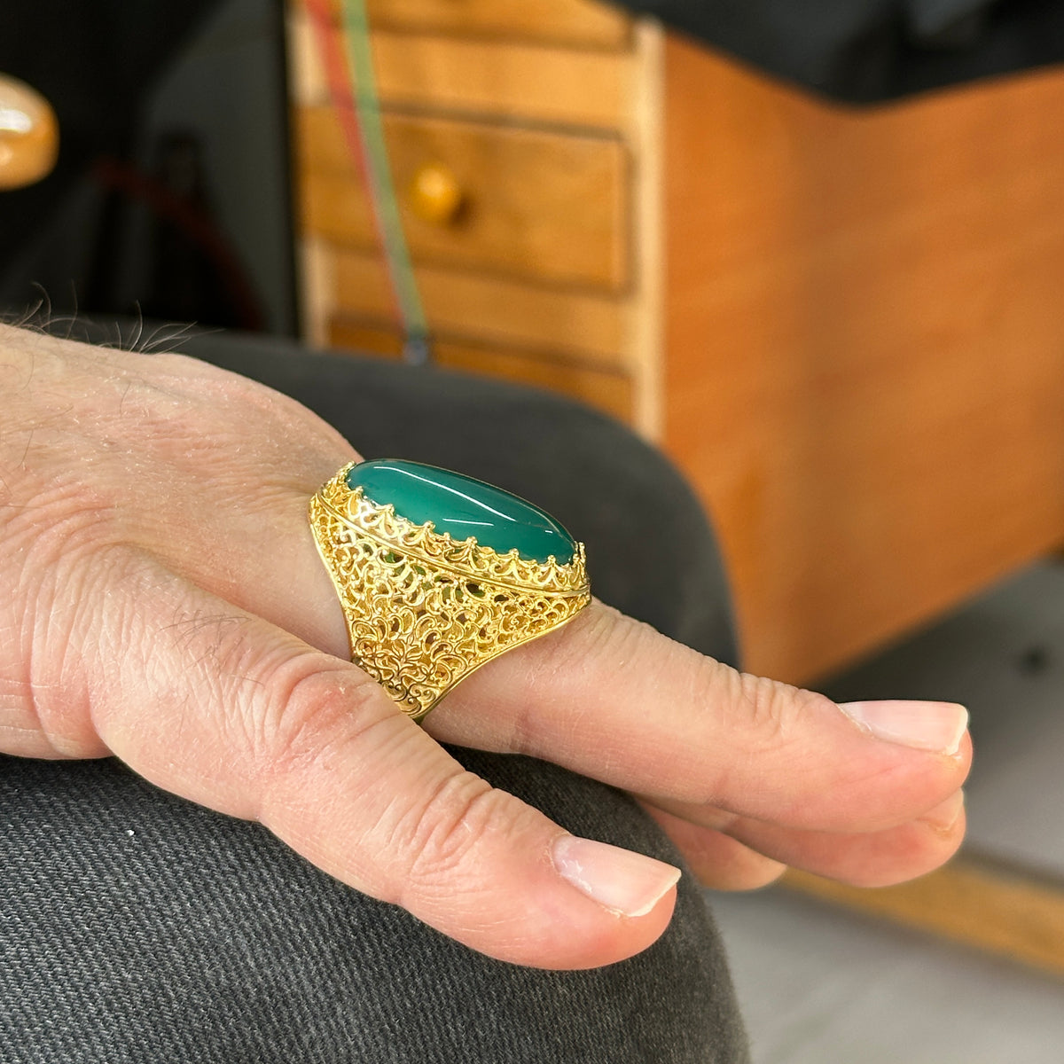 Men Silver Handmade Large Gold Plated Agate Stone Ring