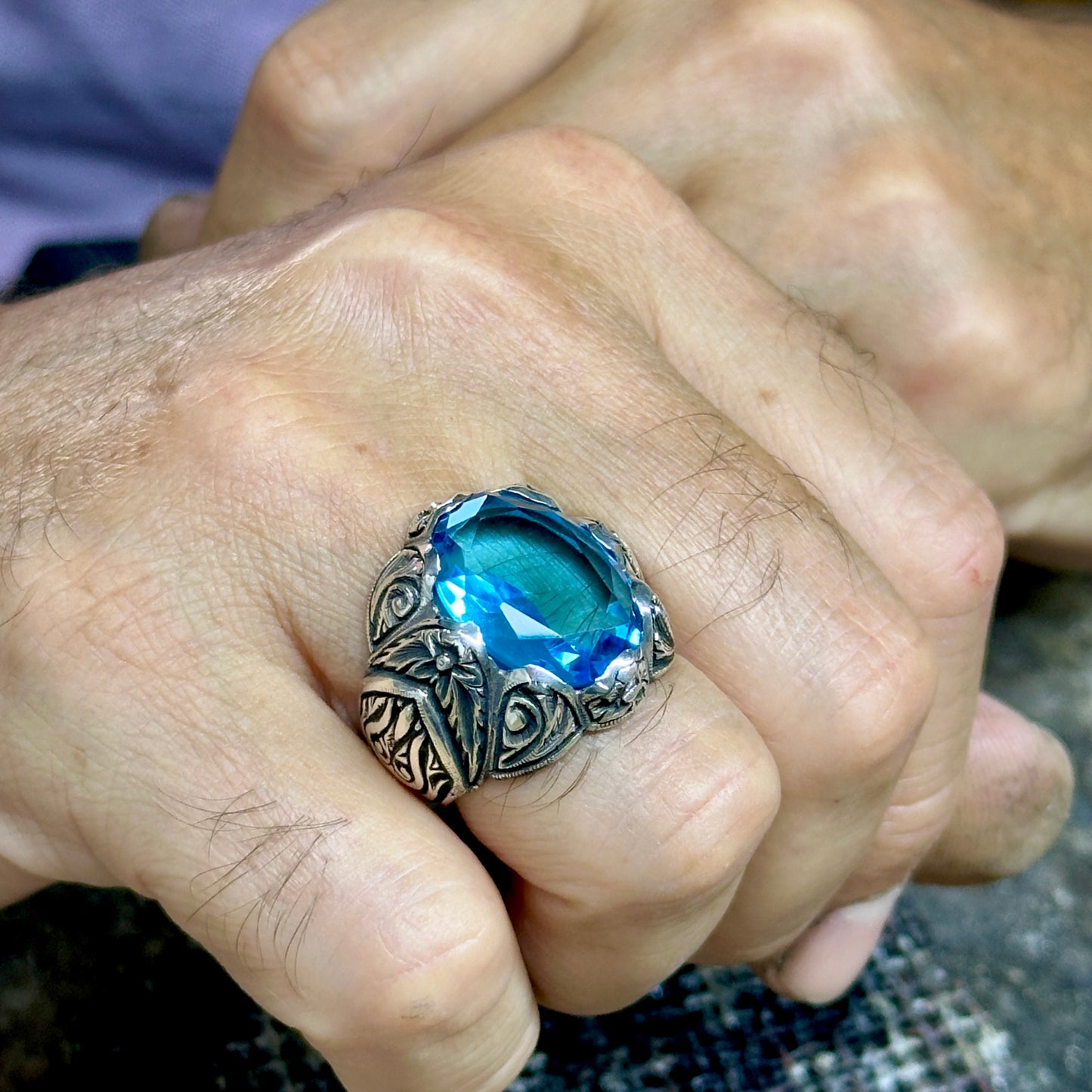 Men Silver Engraved Handmade Aquamarine Gemstone Ring