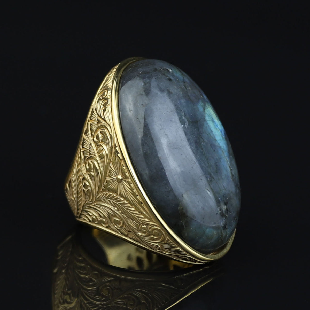 925K Sterling Silver Men Gold Natural Labradorite Men's Ring, Large Gold Natural Labradorite Ring