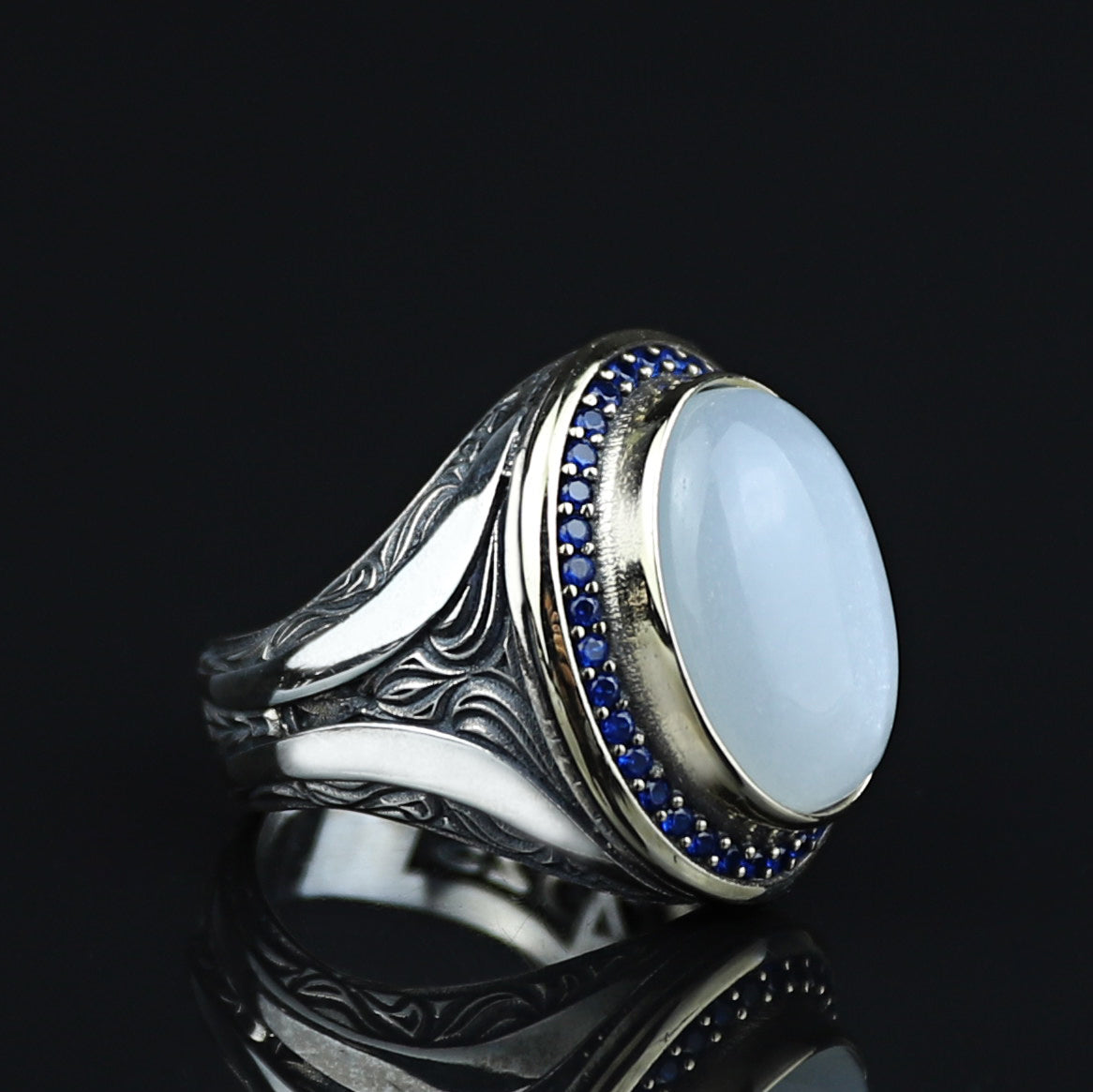 925 Sterling Silver Men Handmade Natural Moonstone Ring