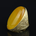 18K Gold Handmade Yellow Agate Ring, Natural Yellow Aqeeq Ring ,Engraved Turkish Men Vintage Ring, Father Day Gift