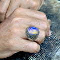 Silver Engraved Natural Moonstone Men Ring