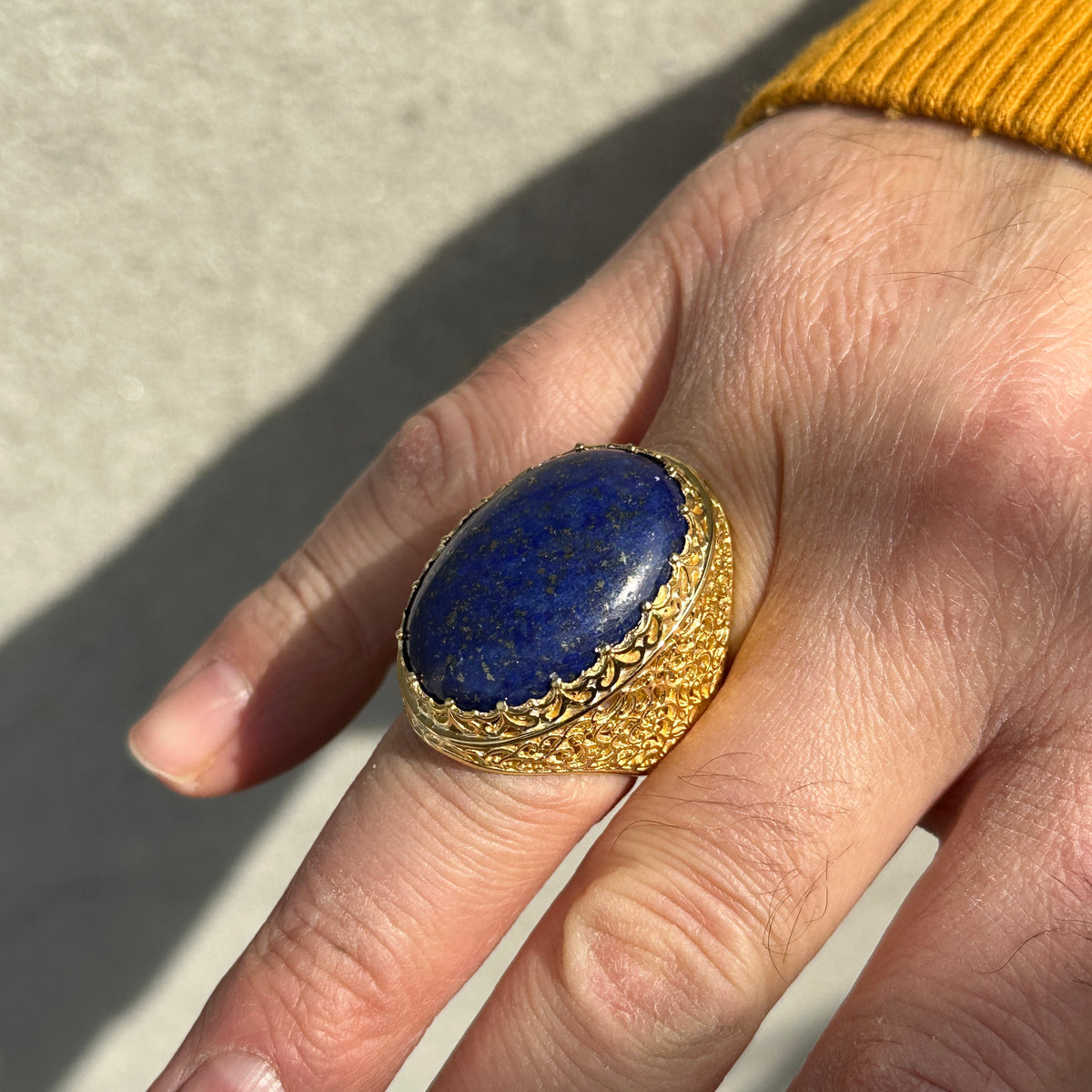 Men Silver Large Gold Plated Natural Lapis Ring