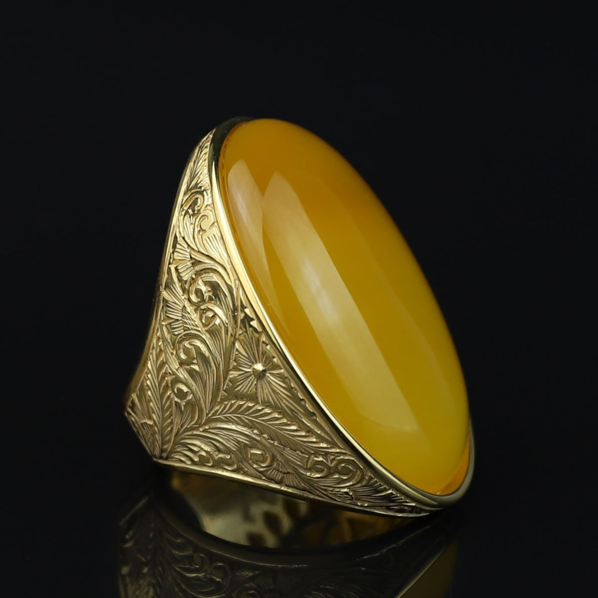 18K Gold Handmade Yellow Agate Ring, Natural Yellow Aqeeq Ring ,Engraved Turkish Men Vintage Ring, Father Day Gift