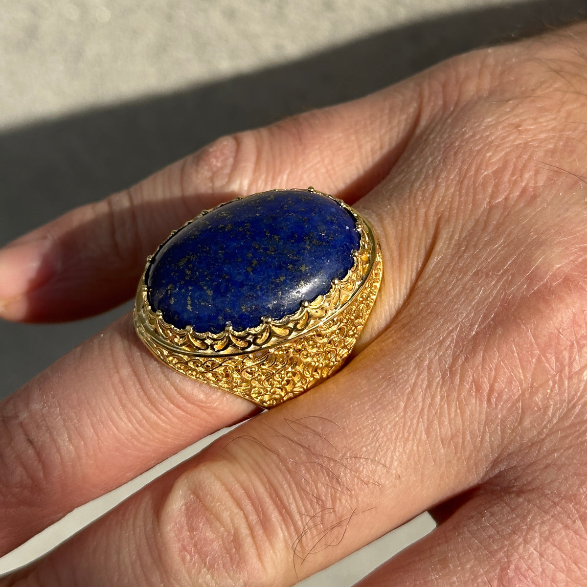 Men Silver Large Gold Plated Natural Lapis Ring