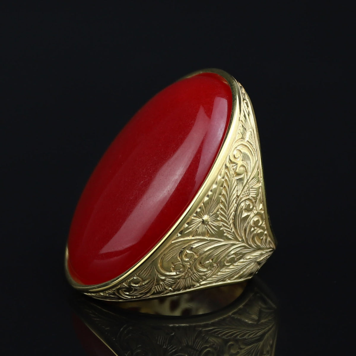 Man Handmade Gold Red Jade Stone Ring , Silver Large Stone Ring, Turkish Engraved Embroidered Ring, Handmade Sterling Silver Ring