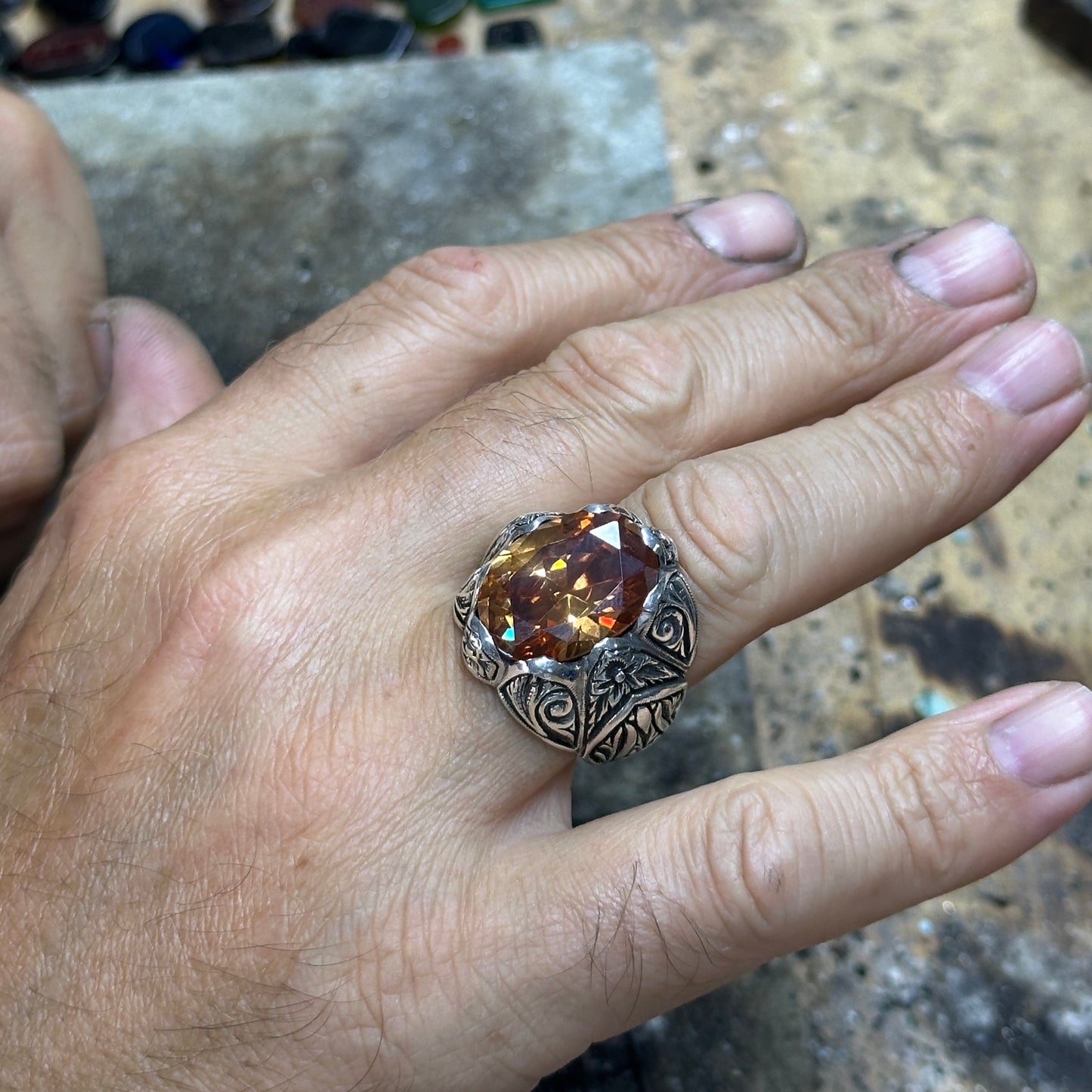 Men Silver Engraved Natural Yellow Citrine Gemstone Ring