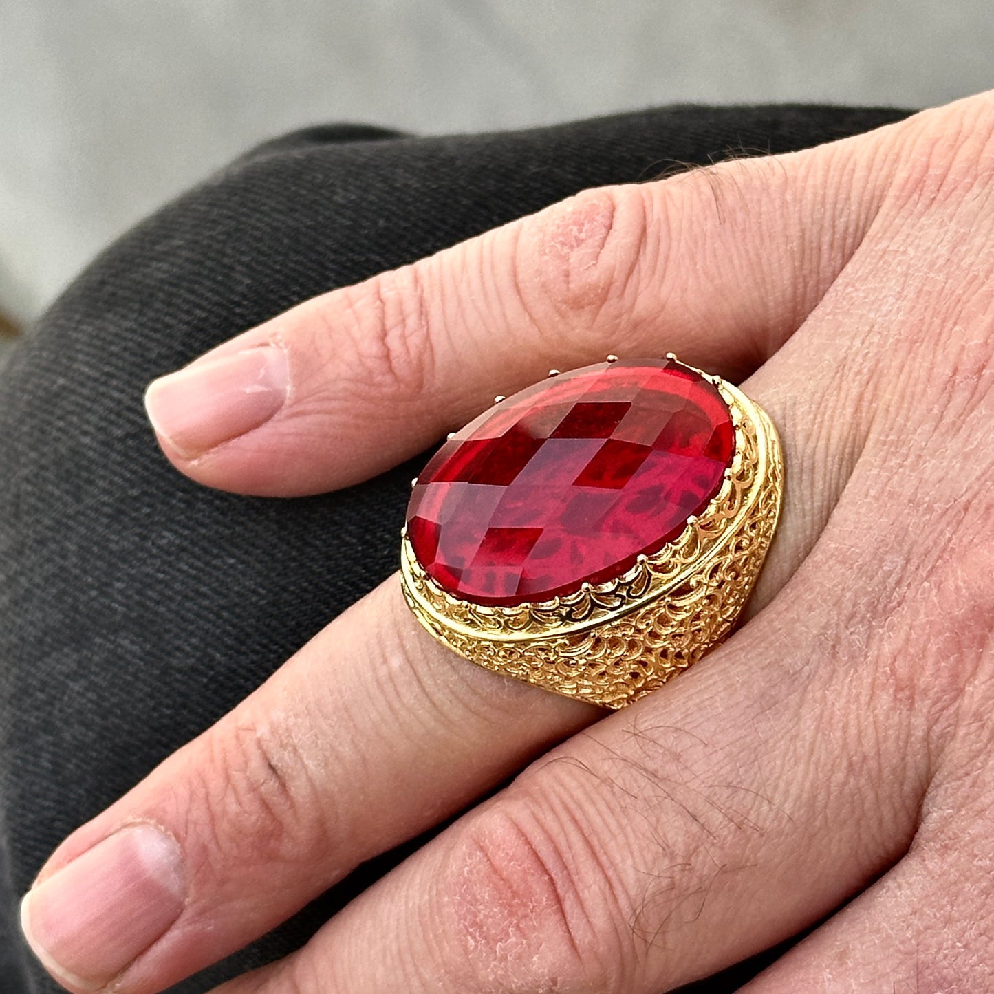 Men Handmade Gold Plated Large Ruby Stone Ring