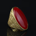 Man Handmade Gold Red Jade Stone Ring , Silver Large Stone Ring, Turkish Engraved Embroidered Ring, Handmade Sterling Silver Ring