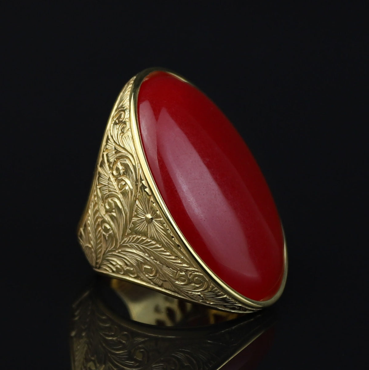 Man Handmade Gold Red Jade Stone Ring , Silver Large Stone Ring, Turkish Engraved Embroidered Ring, Handmade Sterling Silver Ring