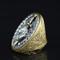 Men Leon Head Sword Figured Ring, 18K Gold Engraved Leon Figured Ring, Handmade Warrior Large Ring, Hand-Engraved Ring, 925 Silver