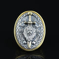 Men Leon Head Sword Figured Ring, 18K Gold Engraved Leon Figured Ring, Handmade Warrior Large Ring, Hand-Engraved Ring, 925 Silver