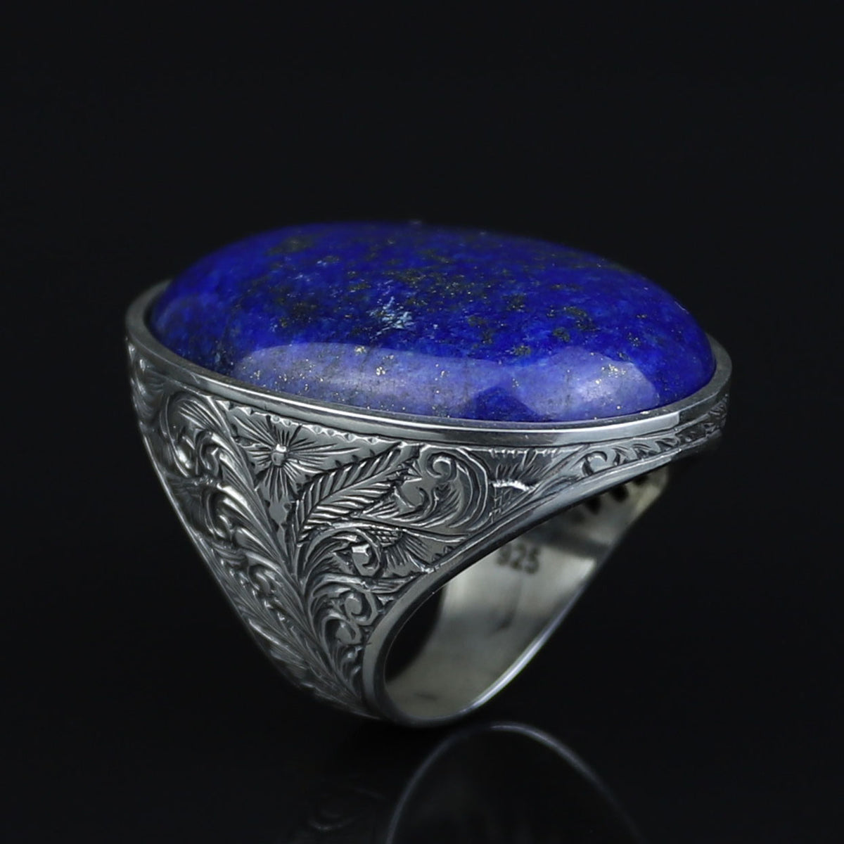 Men Large Natural Lapis Lazuli Ring, Engraved Handmade Lapis Ring , Blue Lapis Lazuli Ring