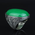 925 Silver Jade Stone Ring, Men Green Jade Engraved Ring, Handmade Silver Engraved Ring