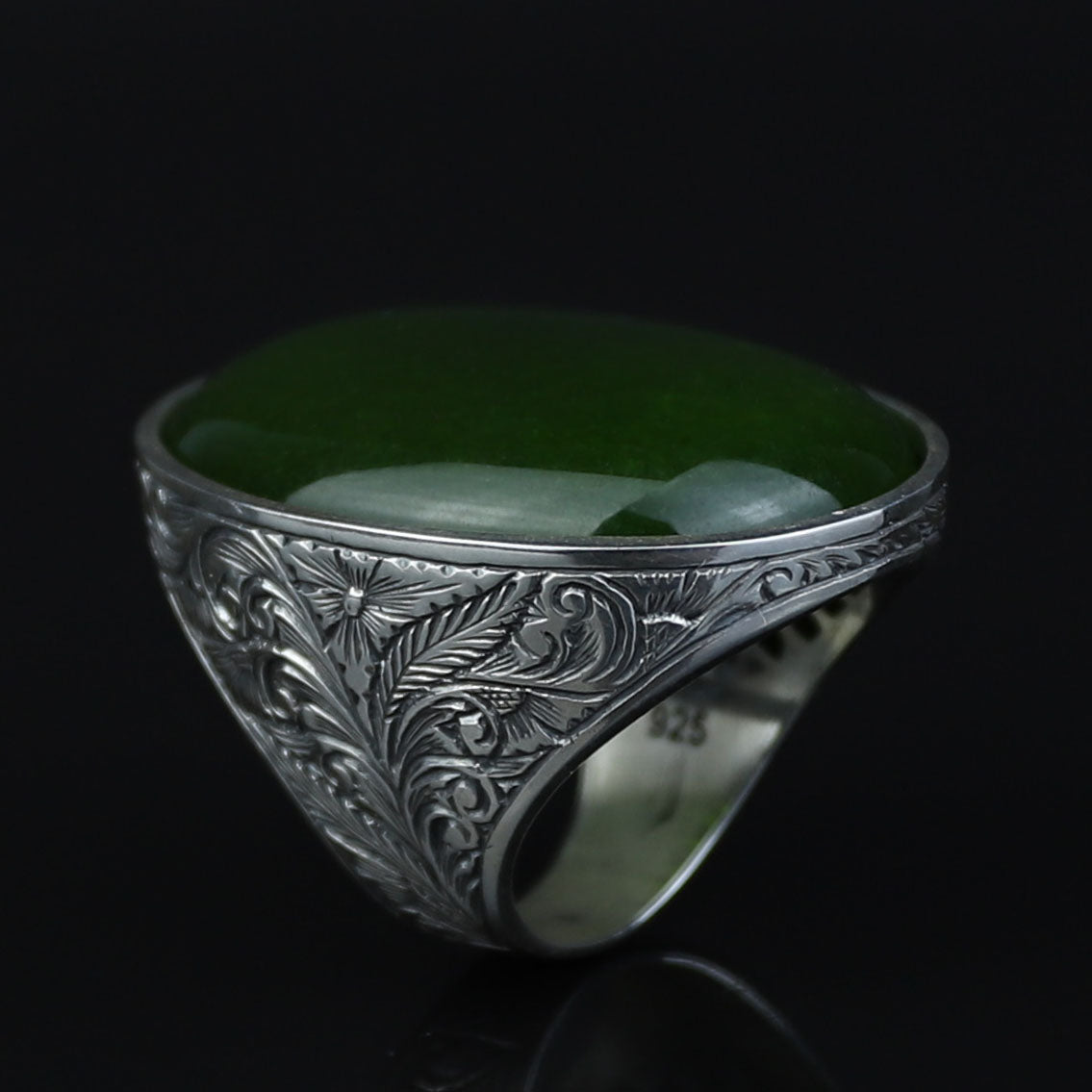Silver Natural Jade Stone Ring, Large Hand Engraved Stone Ring, Green Jade Ring