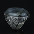 925 Silver Engraved Labradorite Men Ring, Large Turkish Gemstone Ring, Hand-Engraved Men Ring, Turkish Handmade Silver Ring