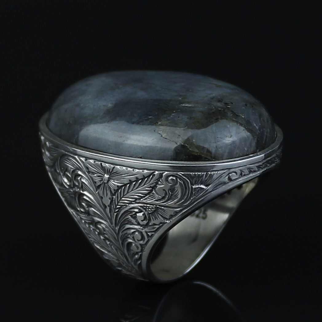 925 Silver Engraved Labradorite Men Ring, Large Turkish Gemstone Ring, Hand-Engraved Men Ring, Turkish Handmade Silver Ring