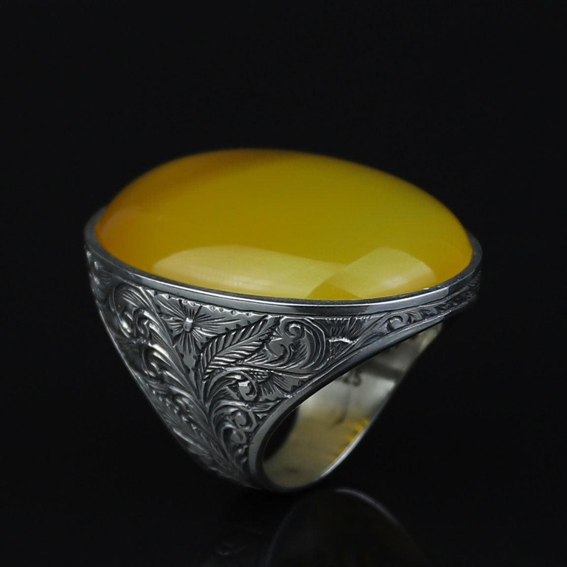 Men Handmade Large Yellow Agate 925 Silver Ring, Natural Aqeeq Gemstone Ring