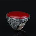 Man Large Red Jade Stone Ring , Silver Large Stone Engraved Style Ring, Turkish Big Handmade Sterling Silver Ring , Gift For Him