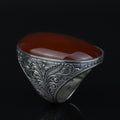 Men Handmade Red Agate Stone Ring, Large Engraved Carnelian Ring, Large Natural Agate Ring, 925k Sterling Silver Ring, Ottoman Style Ring