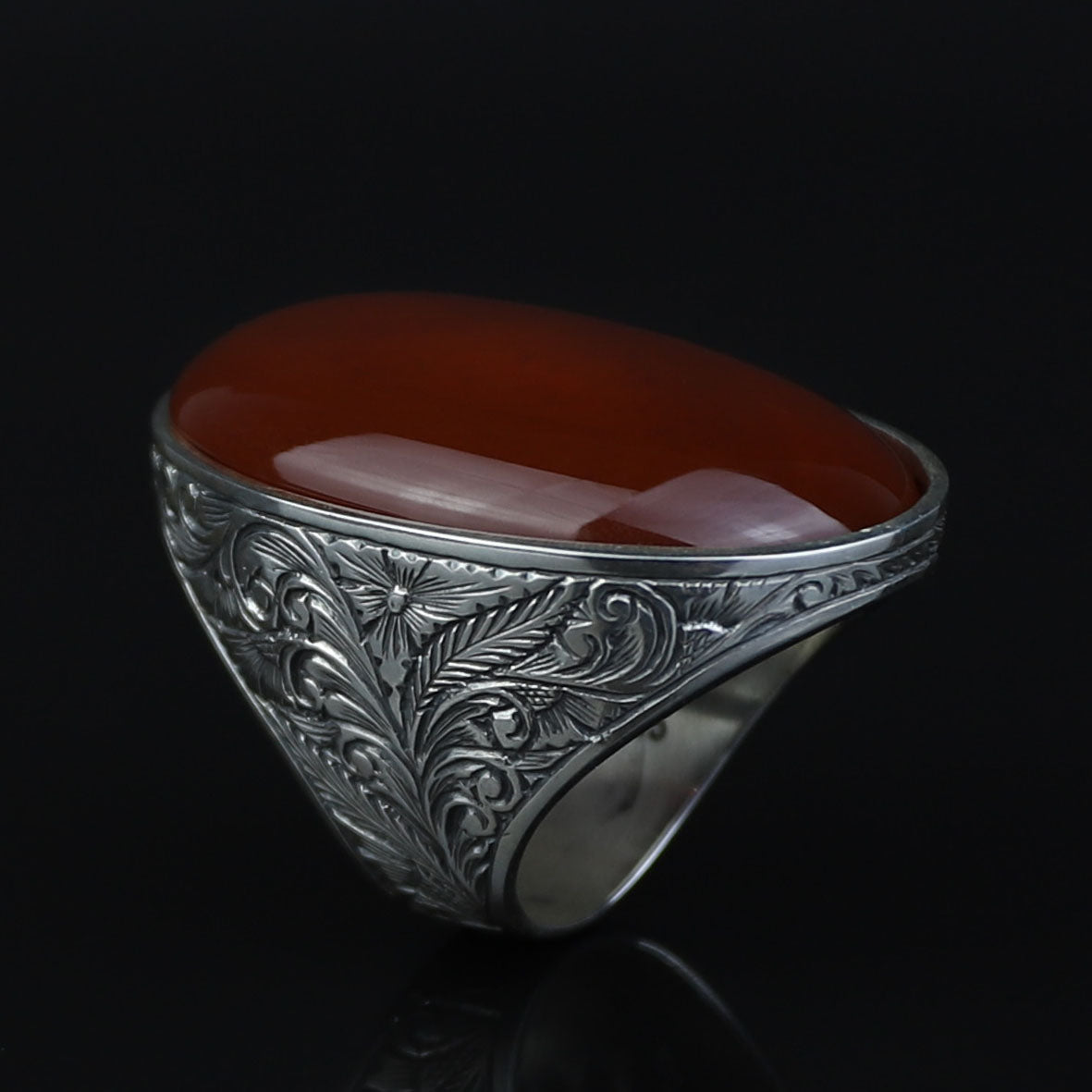 Men Handmade Red Agate Stone Ring, Large Engraved Carnelian Ring, Large Natural Agate Ring, 925k Sterling Silver Ring, Ottoman Style Ring