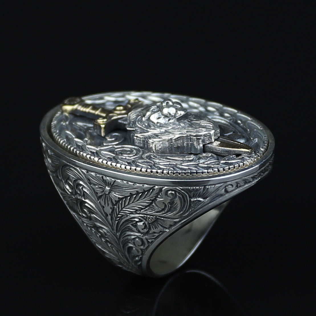 925 Silver Large Leon Head Ring, Lion Sword Figured Ring, Hand Engraved Leon Signet Ring, 925 Sterling Silver, Solid Silver Ring