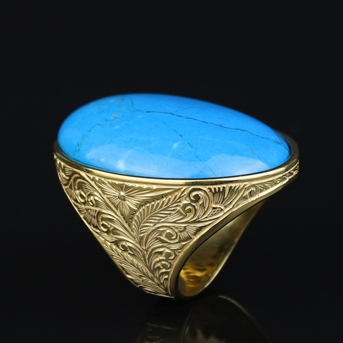 Large Engraved Turquoise Stone Signet Ring, 18K Gold Engraved Turquoise Ring, Man Large Signet Ring, Gold Handmade Ring, 925 Silver