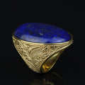 Men Gold Large Lapis Lazuli Ring, 18K Gold Engraved Handmade Lapis Ring , Blue Lapis Lazuli Ottoman Style Ring