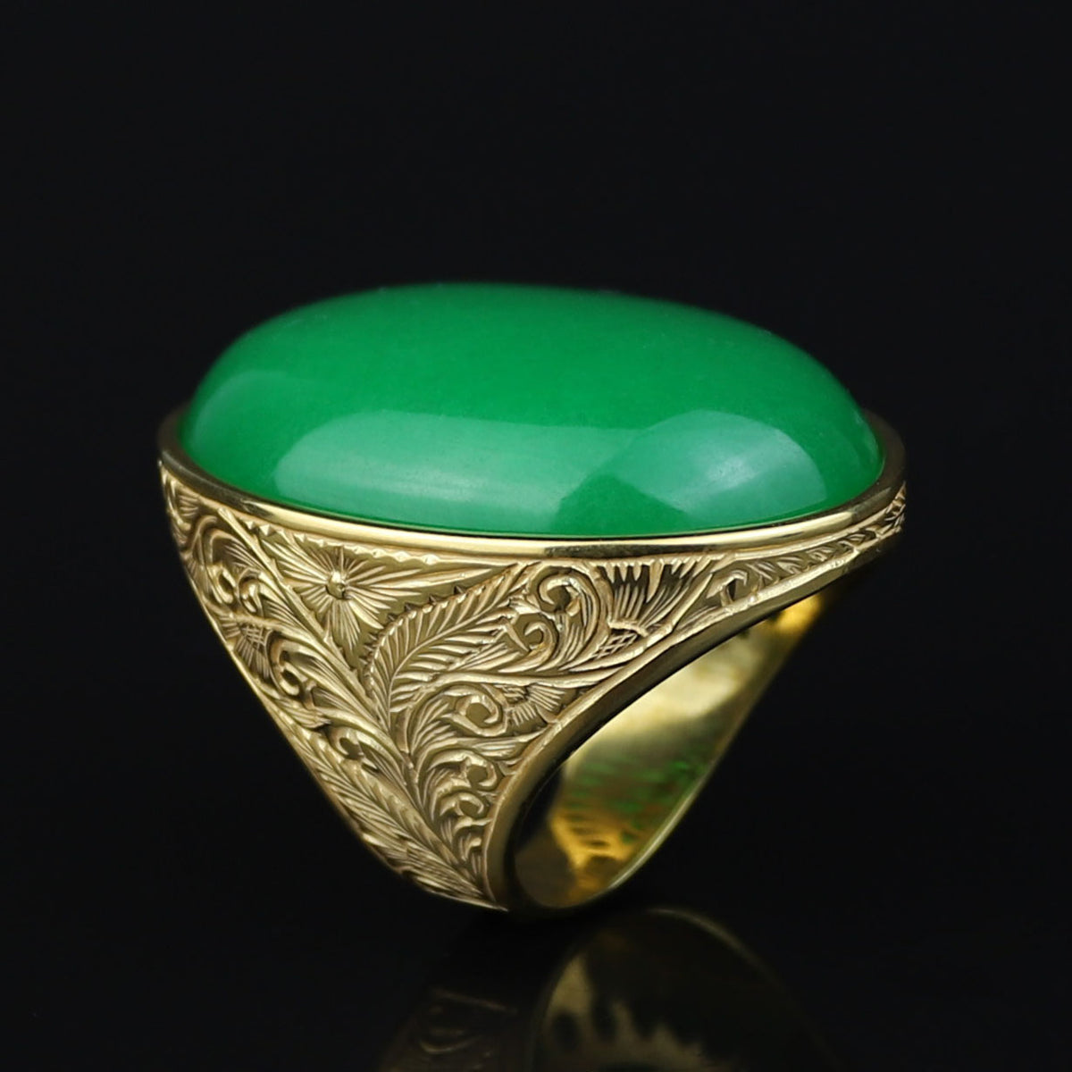 Men Engraved Silver Gold Jade Stone Ring, 18K Gold Green Jade Ring, Men Large Engraved Jade Ring, Statement Handmade Ring
