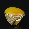 18K Gold Handmade Yellow Agate Ring, Natural Yellow Aqeeq Ring ,Engraved Turkish Men Vintage Ring, Father Day Gift