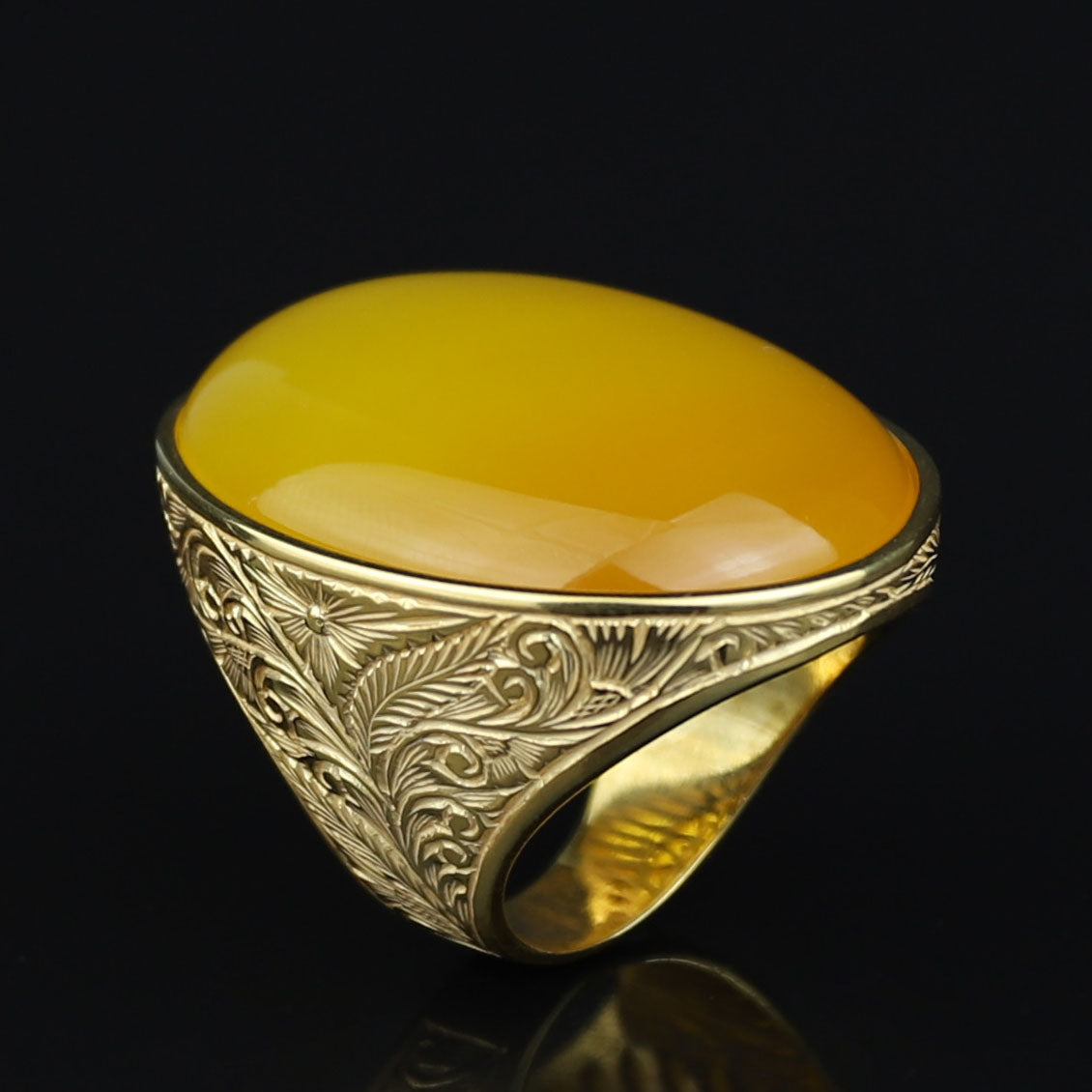 18K Gold Handmade Yellow Agate Ring, Natural Yellow Aqeeq Ring ,Engraved Turkish Men Vintage Ring, Father Day Gift