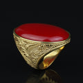 Man Handmade Gold Red Jade Stone Ring , Silver Large Stone Ring, Turkish Engraved Embroidered Ring, Handmade Sterling Silver Ring