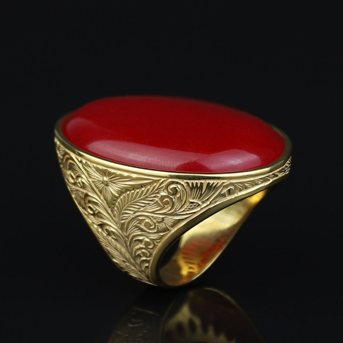 Man Handmade Gold Red Jade Stone Ring , Silver Large Stone Ring, Turkish Engraved Embroidered Ring, Handmade Sterling Silver Ring