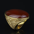 Men Large Gold Agate Signet Ring, Engraved Red Agate Stone Large Ring, Silver Natural Gemstone Ring, 925k Sterling Silver