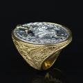 Men Leon Head Sword Figured Ring, 18K Gold Engraved Leon Figured Ring, Handmade Warrior Large Ring, Hand-Engraved Ring, 925 Silver