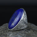 Men Large Natural Lapis Lazuli Ring, Engraved Handmade Lapis Ring , Blue Lapis Lazuli Ring